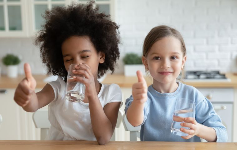 Image of two children giving a big thumbs up to leaner, better-tasting water since their new Puretec filtration system was installed.